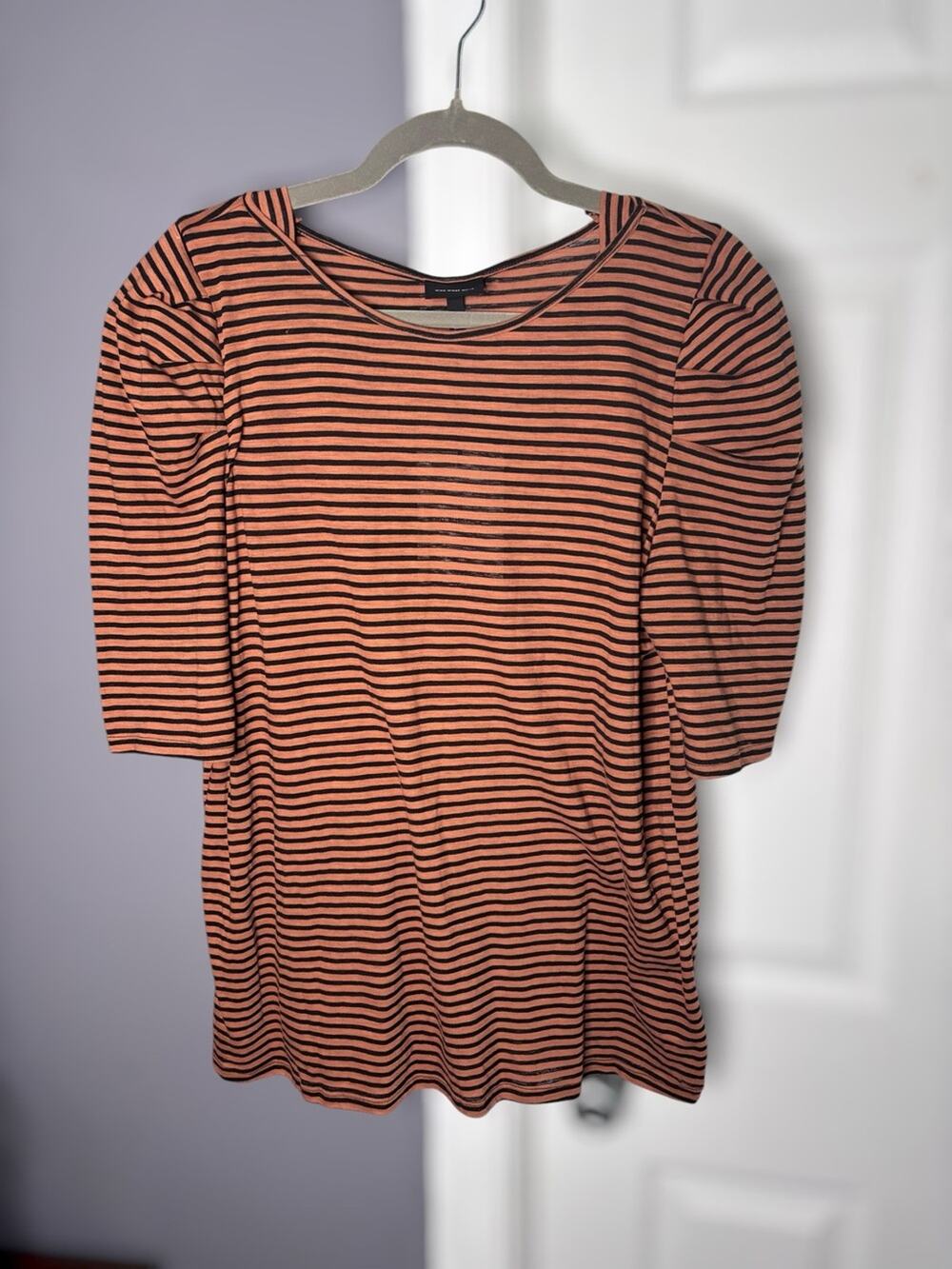 Who What Wear Brown Black Striped Puff Sleeve Top XL